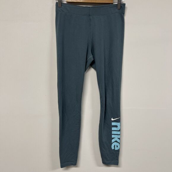 Nike Lounge Leggings Women’s M Teal Blue Logo Print Athleisure Stretch Pants - Picture 1 of 11